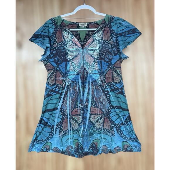 Y2K Butterfly Babydoll Tunic Top Sz Large Embroidered Fairy Boho Ethereal Flowy - Picture 1 of 7